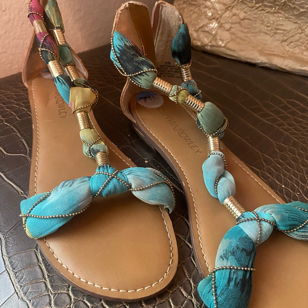 Gold Chain Tan Scarf Theme Sandals Cynthia Rowley BoHo bohemian zipper flats
